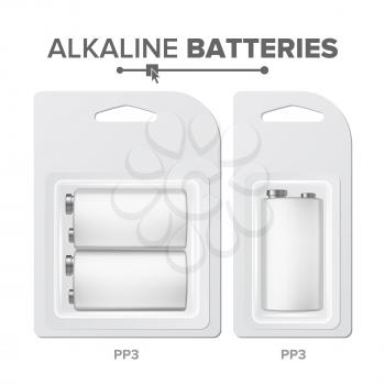 PPS Batteries Packed Vector. Alkaline Battery In Blister. Realistic Glossy Battery Accumulator. Mock Up Good For Branding Design. Closeup Isolated