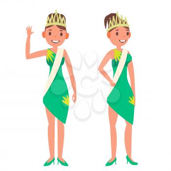 Beauty Pageant Vector. Woman On Beauty Pageant. Miss Universe. Isolated Flat Cartoon Illustration
