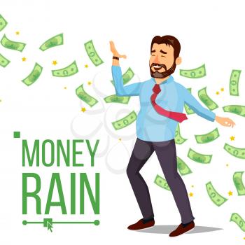 Dollar Rain Businessman Vector. Rain Banknotes Cash. Hands Raised. Rich And Successful. Isolated Flat Cartoon Character Illustration