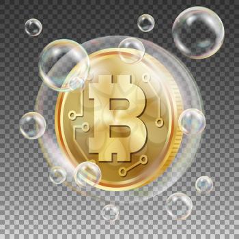 Bitcoin In Soap Bubble Vector. Investment Risk. Collapse Of Crypto Currency. Bitcoin Price Drops. Digital Money. Realistic Isolated Illustration