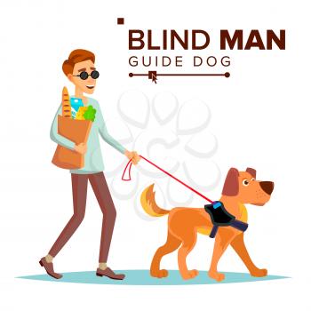 Blind Man Vector. Person With Pet Dog Companion. Blind Person In Dark Glasses And Guide Dog Walking. Isolated Cartoon Illustration