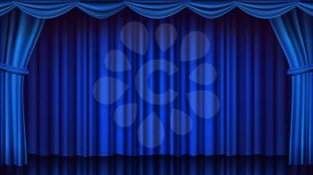 Blue Theater Curtain Vector. Theater, Opera Or Cinema Scene. Empty Silk Stage, Blue Scene. Realistic Illustration