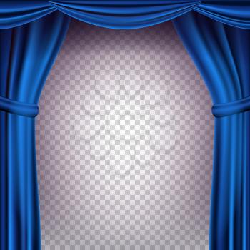 Blue Theater Curtain Vector. Transparent Background. Banner For Concert, Theater. Opera Or Cinema Empty Silk Stage, Blue Scene. Realistic Illustration