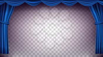 Blue Theater Curtain Vector. Transparent Background. Banner For Concert, Party, Theater, Dance Template. Realistic Illustration