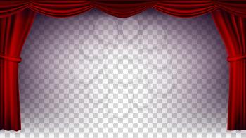 Red Theater Curtain Vector. Transparent Background. Poster For Concert, Party, Theater, Dance Template. Realistic Illustration