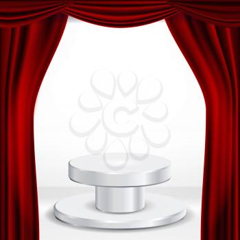 Podium Under Red Theater Curtain Vector. Ceremony Award. Presentation. Pedestal For Winners. Illustration