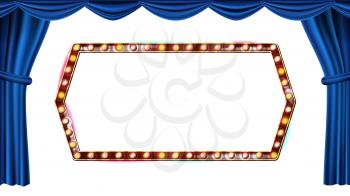 Gold Frame Light Bulbs Vector. Isolated On White Background. Blue Theater Curtain. Silk Textile. Shining Retro Light Banner. Realistic Illustration