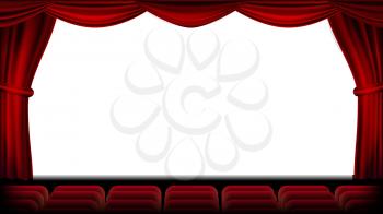 Auditorium With Seating Vector. Red Curtain. Theater, Cinema Screen And Seats. Stage And Chairs. Illustration