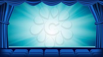 Blue Theater Curtain Vector. Theater, Opera Or Cinema Empty Silk Stage, Red Scene. Blue Background. Banner, Placard, Poster Template. Illustration