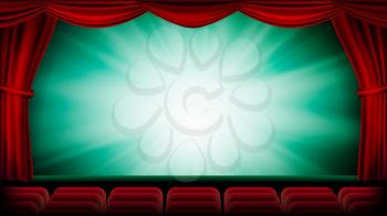 Theater Curtain Vector. Theater, Opera Or Cinema Scene. Green Background. Banner, Placard, Poster Design Template Illustration