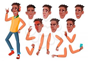 Teen Boy Vector. Teenager. Black. Afro American. Adult People. Casual. Face Emotions, Various Gestures. Animation Creation Set. Isolated Flat Cartoon Illustration