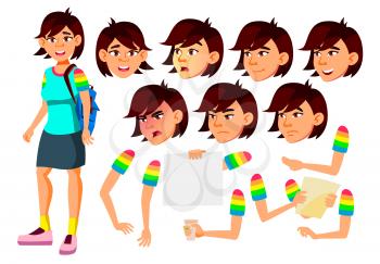 Asian Teen Girl Vector. Teenager. Positive Person. Face. Children. Face Emotions, Various Gestures. Animation Creation Set. Isolated Cartoon Character Illustration