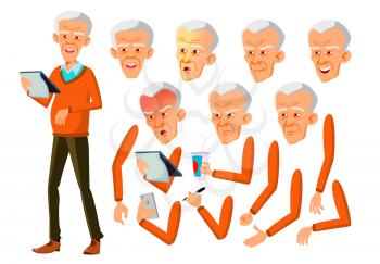 Asian Old Man Vector. Senior Person. Aged, Elderly People. Emotional, Pose. Face Emotions, Various Gestures. Animation Creation Set. Isolated Cartoon Character Illustration