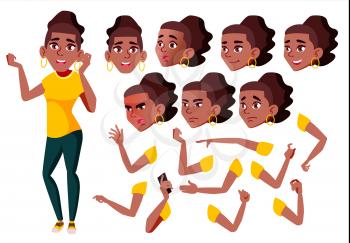 Teen Girl Vector. Black. Afro American. Teenager. Positive Person. Face Emotions, Various Gestures. Animation Creation Set. Isolated Flat Cartoon Illustration