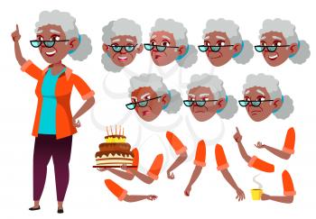 Old Woman. Senior Person. Black. Afro American. Aged, Elderly People. Beauty, Lifestyle. Face Emotions, Various Gestures Animation Creation Set Isolated Cartoon Illustration