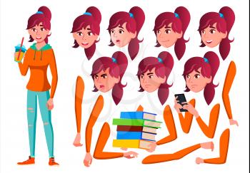 Teen Girl Vector. Teenager. Friendly, Cheer. Face Emotions, Various Gestures. Animation Creation Set. Isolated Flat Cartoon Character Illustration