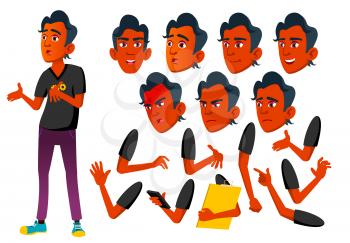 Teen Boy Vector. Teenager. Indian, Hindu. Asian. Funny, Friendship. Face Emotions, Various Gestures Animation Creation Set Isolated Flat Cartoon Illustration