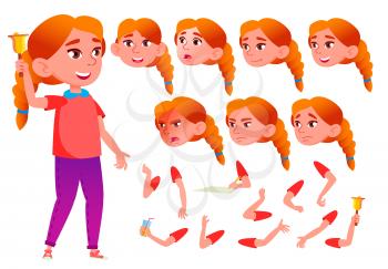 Teen Girl Vector. Teenager. Beauty, Lifestyle. Face Emotions, Various Gestures. Animation Creation Set. Isolated Flat Cartoon Illustration