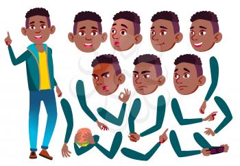 Teen Boy Vector. Black. Afro American. Teenager. Leisure, Smile. Face Emotions, Various Gestures. Animation Creation Set Isolated Flat Cartoon Illustration