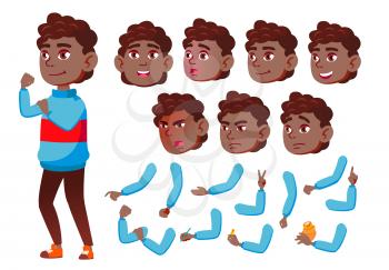 Teen Boy Vector. Black. Afro American. Teenager. Caucasian, Positive. Face Emotions, Various Gestures. Animation Creation Set Isolated Flat Cartoon Illustration