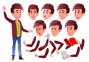 Teen Boy Vector. Teenager. Positive Person. Face Emotions, Various Gestures. Animation Creation Set. Isolated Flat Cartoon Illustration