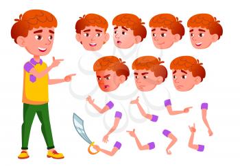 Boy, Child, Kid, Teen Vector. Smile. Cute. Happiness Enjoyment. Face Emotions, Various Gestures Red Head Animation Creation Set Isolated Flat Cartoon Illustration