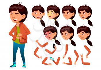 Asian Teen Girl Vector. Teenager. Adult People. Casual. Fun, Cheerful. Face Emotions, Various Gestures. Animation Creation Set. Isolated Flat Cartoon Illustration