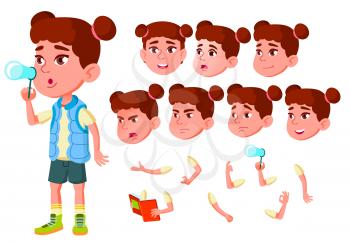 Girl, Child, Kid, Teen Vector. Little. Funny. Junior. Friendly Face Emotions Various Gestures Animation Creation Set Isolated Flat Cartoon Illustration