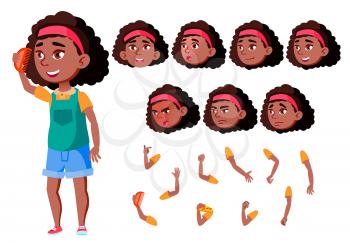 Teen Girl Vector. Black. Afro American. Teenager. Cute, Comic. Joy. Face Emotions, Various Gestures. Animation Creation Set Isolated Flat Cartoon Illustration
