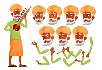 Indian Old Man Vector. Hindu. Asian. Senior Person. Aged, Elderly People. Friends, Life. Face Emotions, Various Gestures Animation Creation Set Isolated Flat Cartoon Illustration