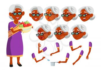 Indian Old Woman Vector. Hindu. Asian. Senior Person. Aged, Elderly People. Friends, Life. Face Emotions, Various Gestures Animation Creation Set Isolated Flat Cartoon Illustration