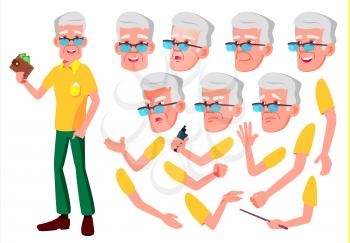 Old Man Vector. Senior Person. Aged, Elderly People. Face Emotions, Various Gestures. Animation Creation Set. Cartoon Character Illustration