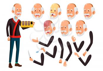 Asian Old Man Vector. Senior Person. Aged, Elderly People. Funny, Friendship. Face Emotions, Various Gestures. Animation Creation Set. Isolated Flat Cartoon Illustration