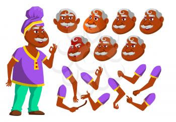Indian Old Man Vector. Senior Person. Aged Hindu. Asian. Active, Expression. Face Emotions, Various Gestures. Animation Creation Set. Isolated Flat Character Illustration