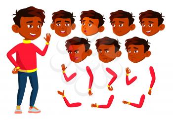 Indian Boy, Child, Kid, Teen Vector. Happy Childhood. Hindu. Face Emotions, Various Gestures. Animation Creation Set Isolated Cartoon Character Illustration