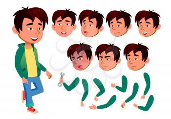 Asian Teen Boy Vector. Teenager. Emotional, Pose. Face Emotions, Various Gestures. Animation Creation Set. Isolated Cartoon Character Illustration