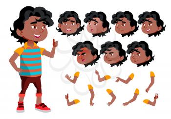 Black, Afro American Boy, Child, Kid, Teen Vector. Friend. Clever Positive Person. Face Emotions, Various Gestures. Animation Creation Set. Isolated Cartoon Character Illustration