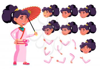 Asian Teen Girl Vector. Teenager. With Umbrella. Emotional, Pose. Face Emotions, Various Gestures. Animation Creation Set. Isolated Flat Character Illustration