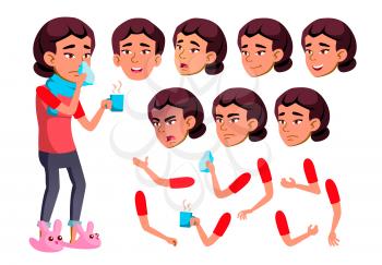 Asian Teen Girl Vector. Teenager. Sick, Cough. Runy Nose. Health. Face Emotions, Various Gestures. Animation Creation Set. Isolated Cartoon Character Illustration
