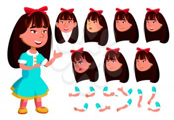 Asian Girl, Child, Kid Vector. Face Emotions, Various Gestures. Animation Creation Set. Isolated Flat Cartoon Illustration