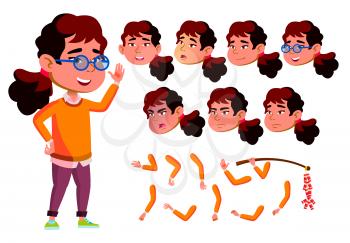Asian Girl Child Vector. Face Emotions, Various Gestures. Animation Set. Isolated Cartoon Illustration
