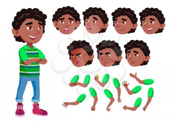 Black, Afro American Boy, Child, Kid, Teen Vector. Joy. Comic. Face Emotions, Various Gestures. Animation Creation Set Isolated Cartoon Character Illustration