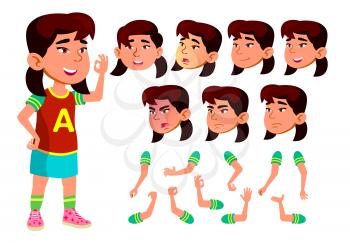 Asian Girl, Child, Kid, Teen Vector. Schoolchild. Face Emotions, Various Gestures. Animation Creation Set Isolated Cartoon Character Illustration