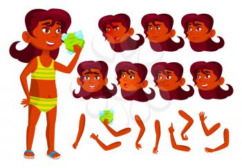 Indian Teen Girl Vector. Hindu In Water Park, Beach, Pool. Lifestyle. Face Emotions, Various Gestures. Animation Creation Set. Flat Cartoon Character Illustration