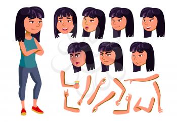 Asian Teen Girl Vector. Teenager. Active, Expression. Fitness, Sport, Figure, Health. Face Emotions Various Gestures Animation Creation Set Isolated Cartoon Character Illustration
