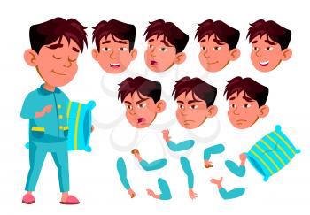 Asian Boy, Child, Kid, Teen Vector. Schoolchild. Lecture. Face Emotions, Various Gestures. Animation Creation Set Isolated Flat Cartoon Illustration