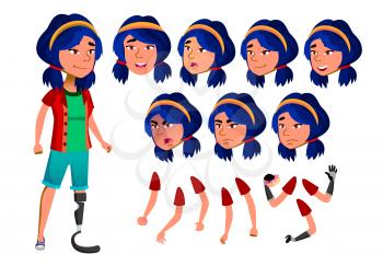 Asian Teen Girl Vector. Amputation, Prosthesis. Activity, Beautiful. Emotions, Gestures. Health Concept. Cyborg Hybrid Animation Creation Set Isolated Cartoon Character Illustration