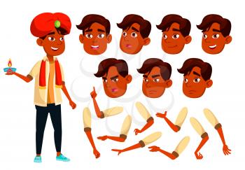 Indian Teen Boy Vector. Teenager. Friends, Life. Face Emotions, Various Gestures. Animation Creation Set. Isolated Flat Cartoon Illustration