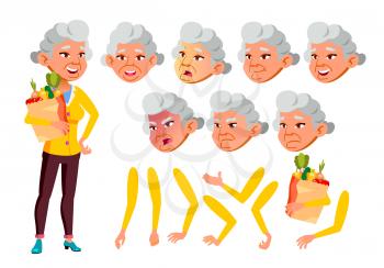 Asian Old Woman Vector. Senior Person. Aged, Elderly People. Activity, Beautiful. Face Emotions, Various Gestures. Animation Creation Set. Isolated Flat Cartoon Illustration