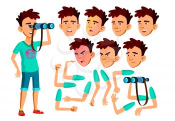 Asian Teen Boy Vector. Teenager. Funny, Friendship. Face Emotions, Various Gestures. Animation Creation Set. Isolated Flat Illustration